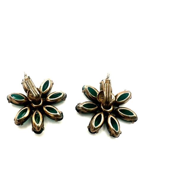 Vintage Sterling Silver Green & Yellow Glass Flower Clip-On Earrings - Picture 4 of 7